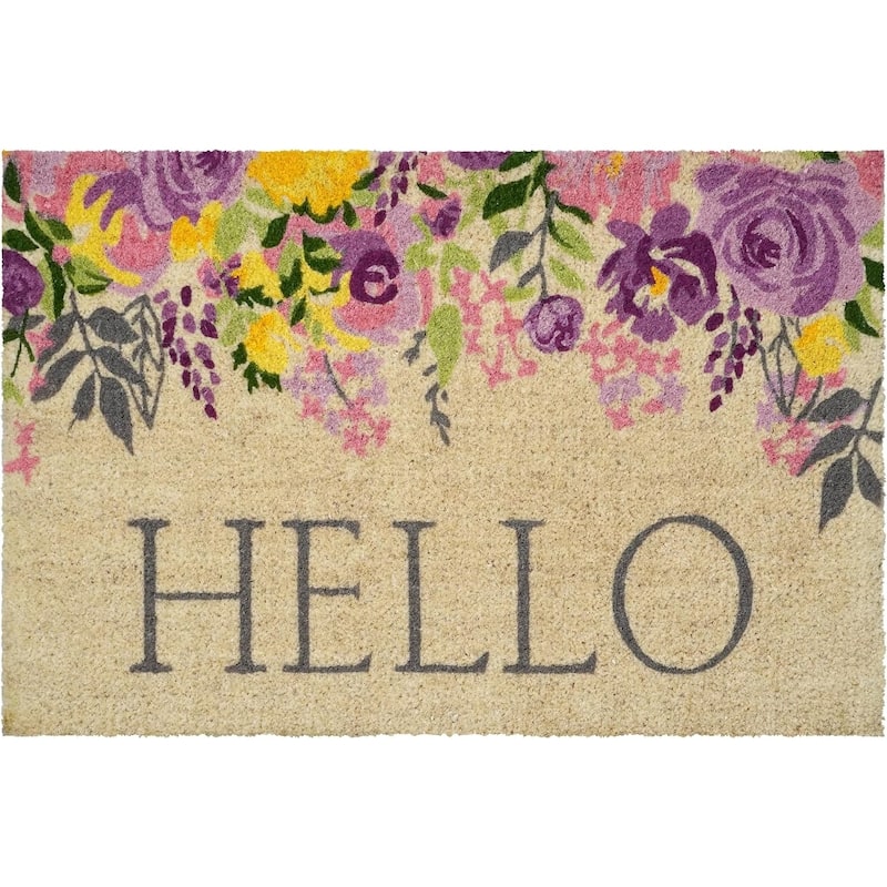 HomeRoots 18" X 30" Brown Gray And Purple Floral Hello Outdoor Coir Door Mat - 18.00' X '30.00