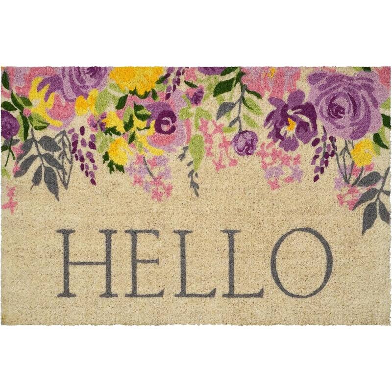 HomeRoots 30" X 48" Brown Gray And Purple Floral Hello Outdoor Coir Door Mat - 30.00' X '48.00