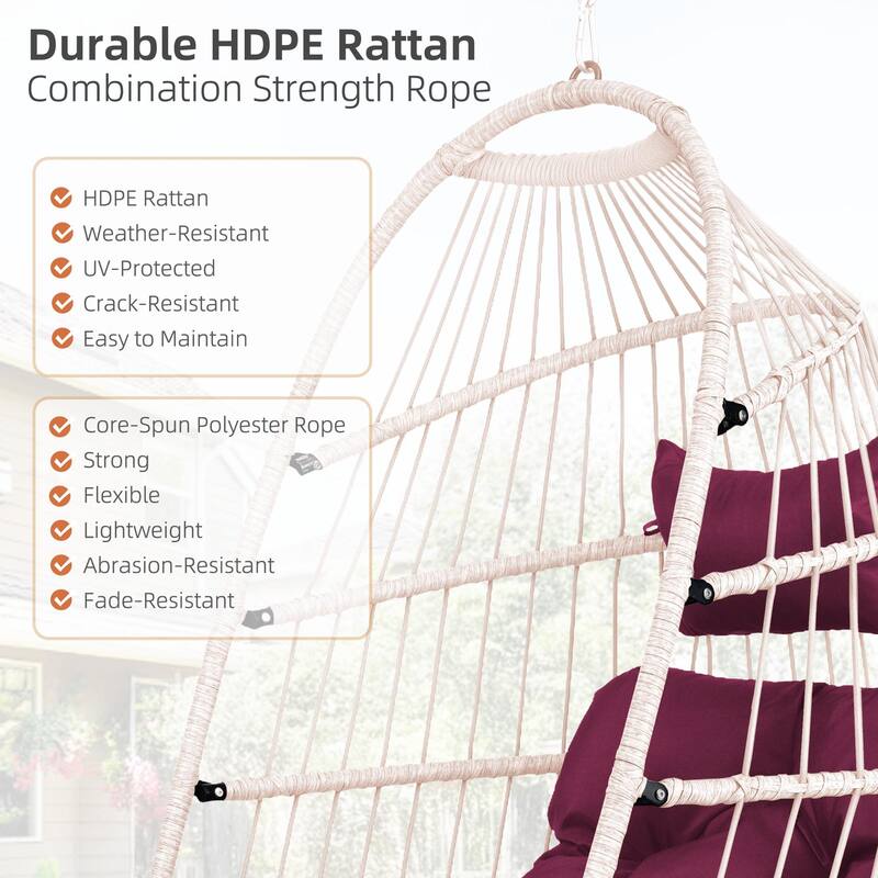 Outdoor Egg Hanging Chair, Swing Chair with Stand & Aluminum-Steel Frame, Patio Rattan Wicker Hanging Swing Egg Chair