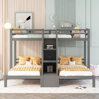Triple Twin Bunk Bed with Built-in Staircase and Storage Drawers