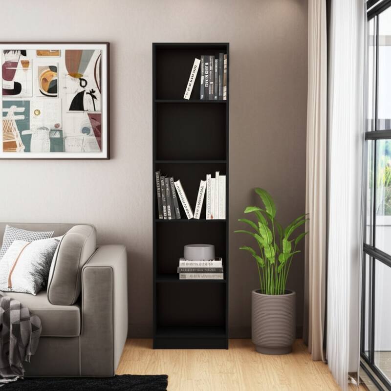 HomeRoots 70" Black Wood Five Tier Bookcase - Black