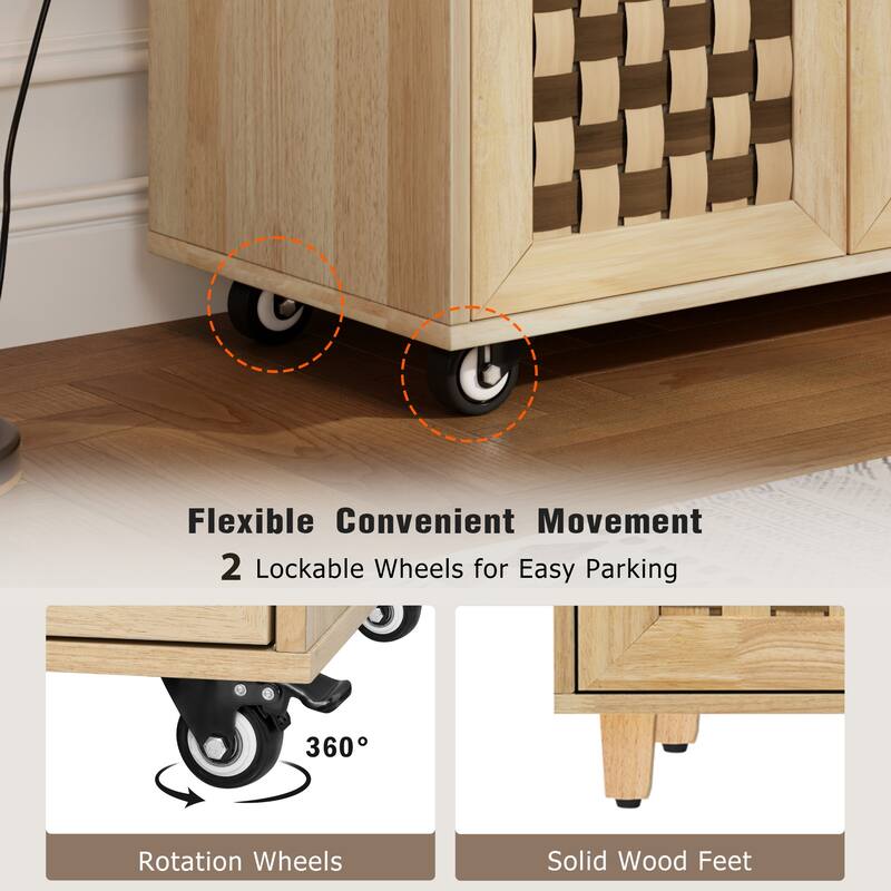 Woven Checkerboard Pattern Kitchen Island with Drop Leaf, Internal Storage Rack, 2 Cabinets & Power Outlet, Movable Kitchen Cart