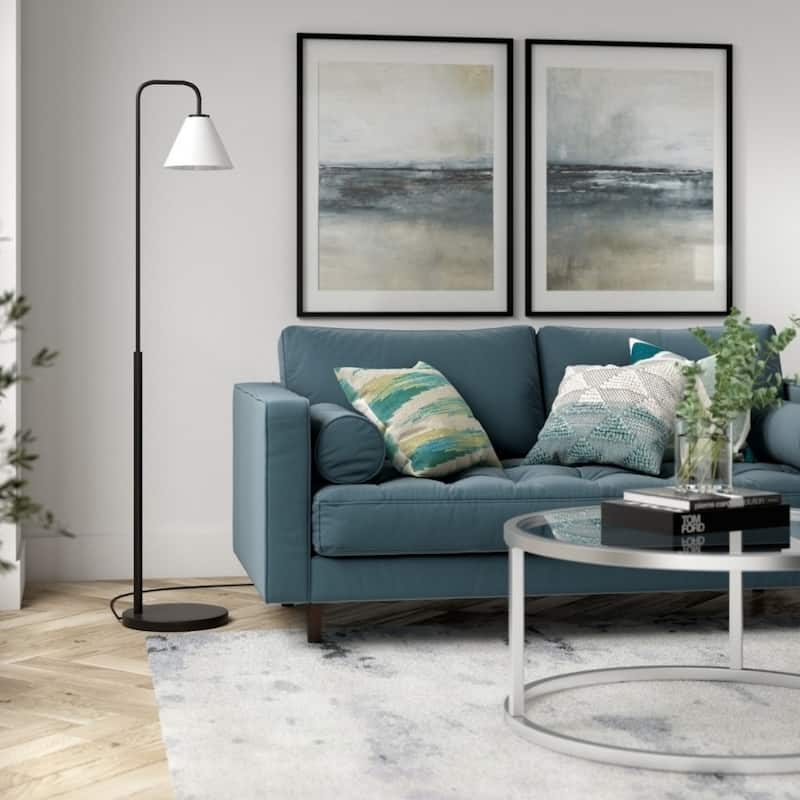 Black and White Metal Arched Floor Lamp with Frosted Glass Shade and Smart Control - 12” x 12” x 62” (D x W x H)