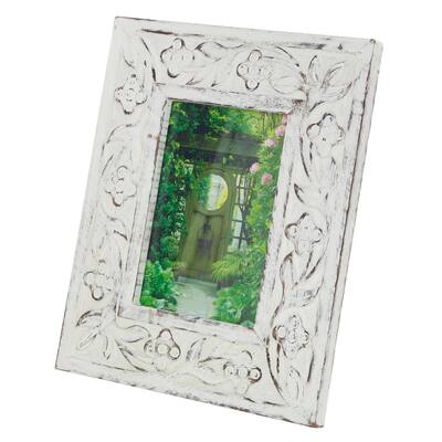 White Mango Wood Handmade Intricate Carved Floral Photo Frame
