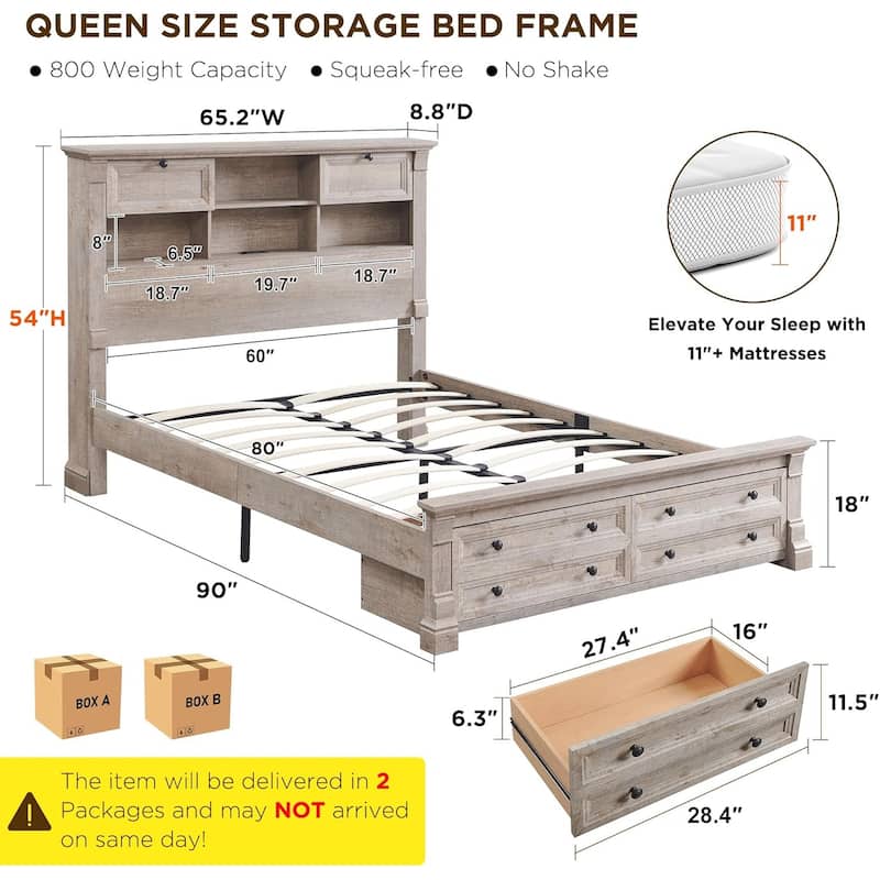 Farmhouse Queen Size Bed Frame with 54" Tall Bookcase Headboard