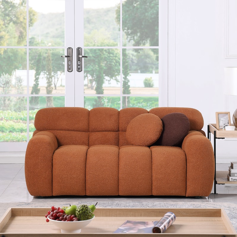 Ergonomics Loveseat Sofa Marshmallow Sofa with Deep Seating and Pillows, Light Brown Boucle Fabric 2 Seater Lounge Couch