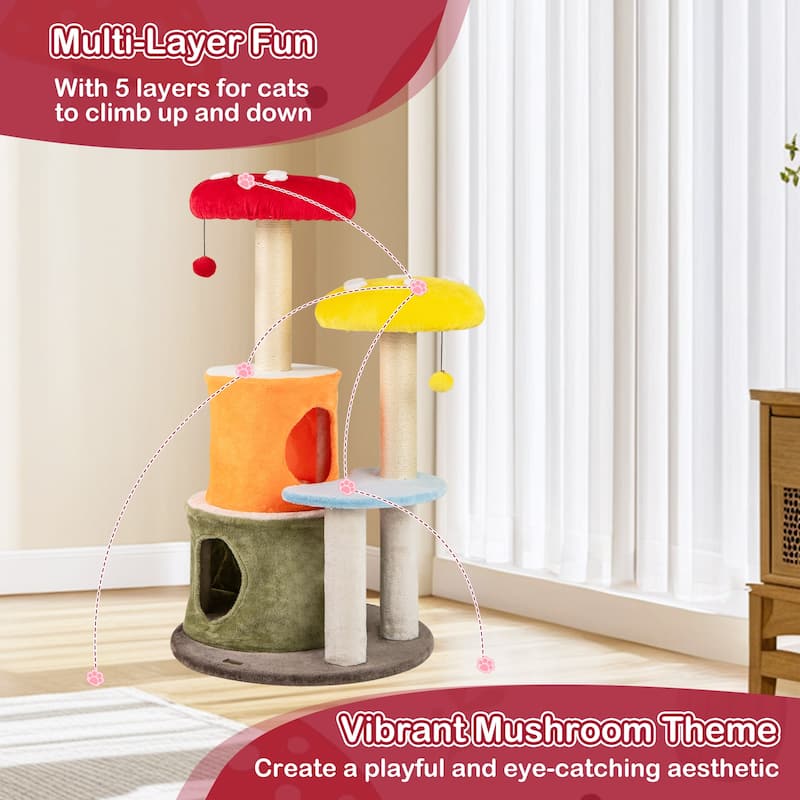 43" Multi-Level Cat Tree Tower with Sisal Posts Mushroom Perches Condos and Dangling Toys