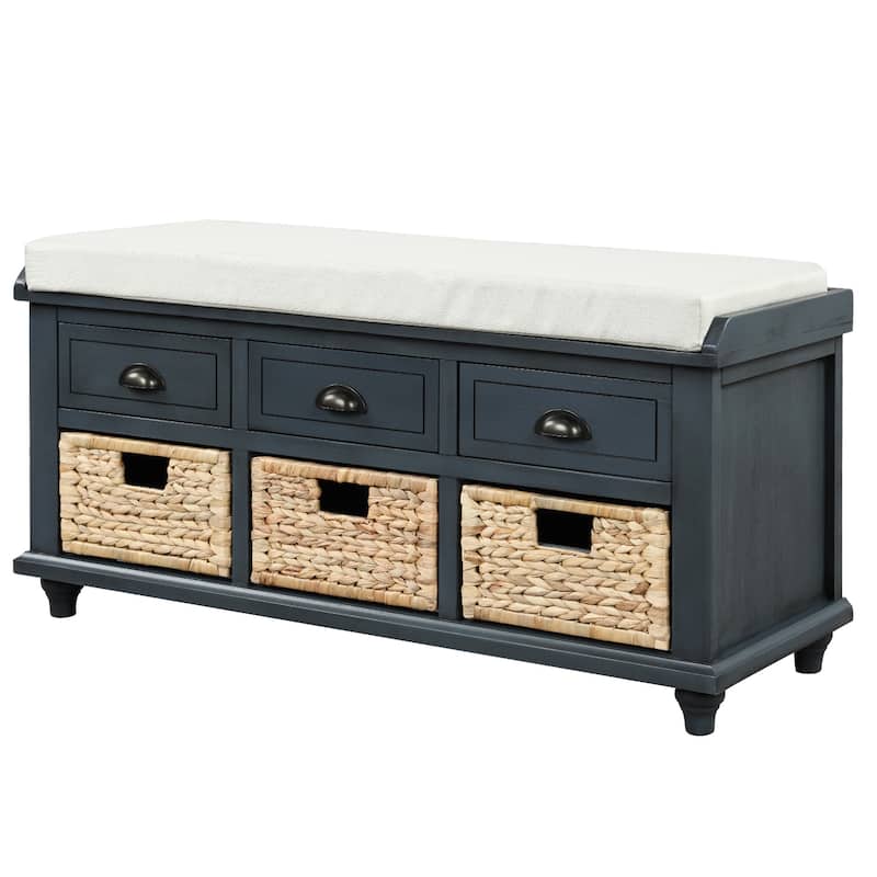 Shoe Bench with 3 Drawers and 3 Rattan Baskets - 42"L x 15.4"W x 18.7"H