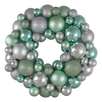 Silver Seafoam Green 3-Finish Shatterproof Ball Christmas Wreath, 13"