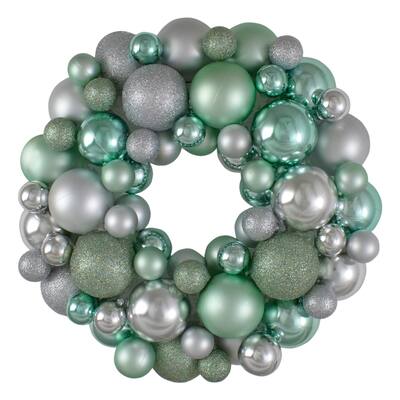 Silver and Seafoam Green 3-Finish Shatterproof Ball Christmas Wreath - Unlit
