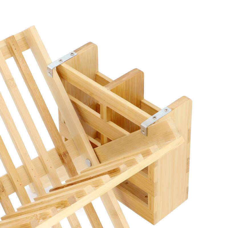 MegaChef 2-Tier Collapsible Kitchen Bamboo Drying Dish Rack with Utensil Holder