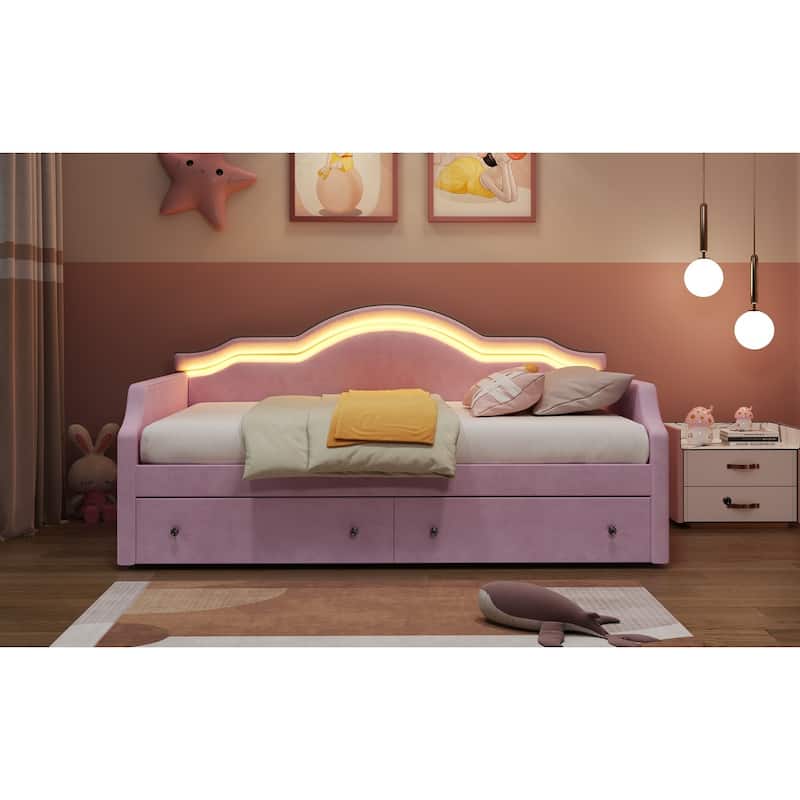 Upholstered Daybed with 2 Drawers, Wave Backrest Frame with Ambient Lighting, No Box Spring Needed Storage Sofa Bed