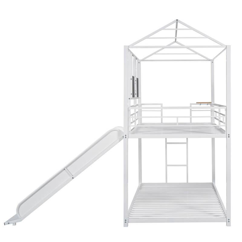 White Twin Over Twin Metal Bunk Bed with Slide, Playhouse Design