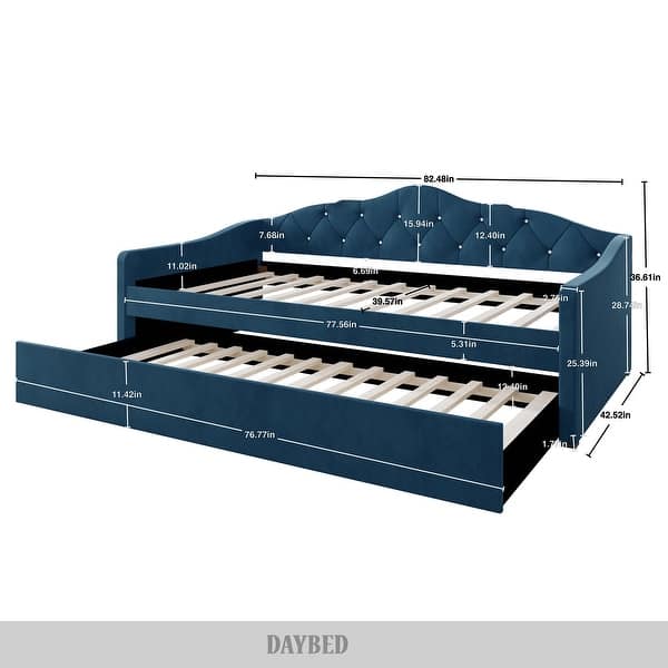 dimension image slide 3 of 4, CraftPorch Glam Velvet, Crystal Button Tufted Twin Daybed with Trundle