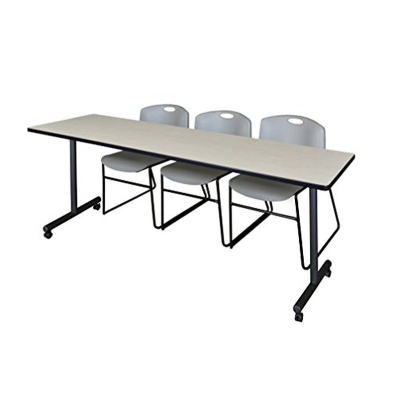 84" x 24" Mobile Training Table- Maple & 3 Stack Chairs- Grey