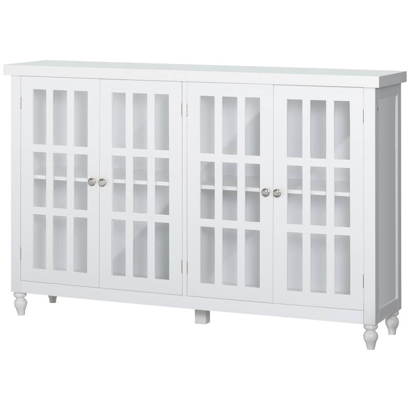 Buffet Cabinet with 4 Tempered Glass Doors,Stripe Pattern and Adjustable Storage Shelf