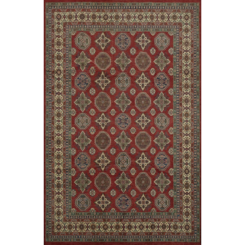 Hand Knotted Oriental 100% Wool Carpet Traditional Geometric Red Kazak Area Rug - 12' 0'' X 9' 0''