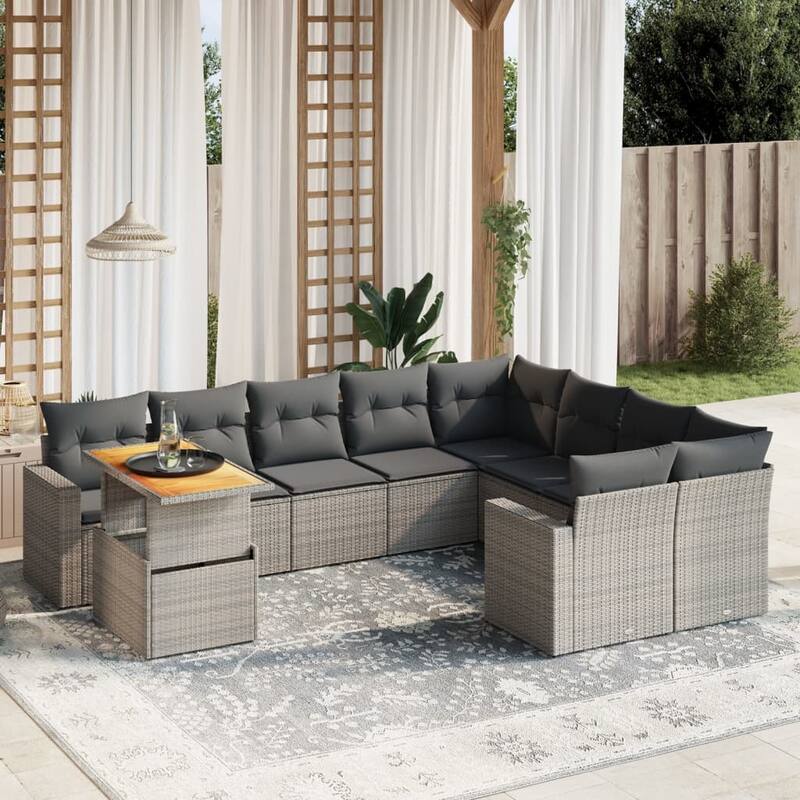 vidaXL Patio Sofa Set with Cushions Table and Sofa Modules 10 Piece Poly Rattan - 21.7 x 39.4 x 28.7 - Grey  - form3