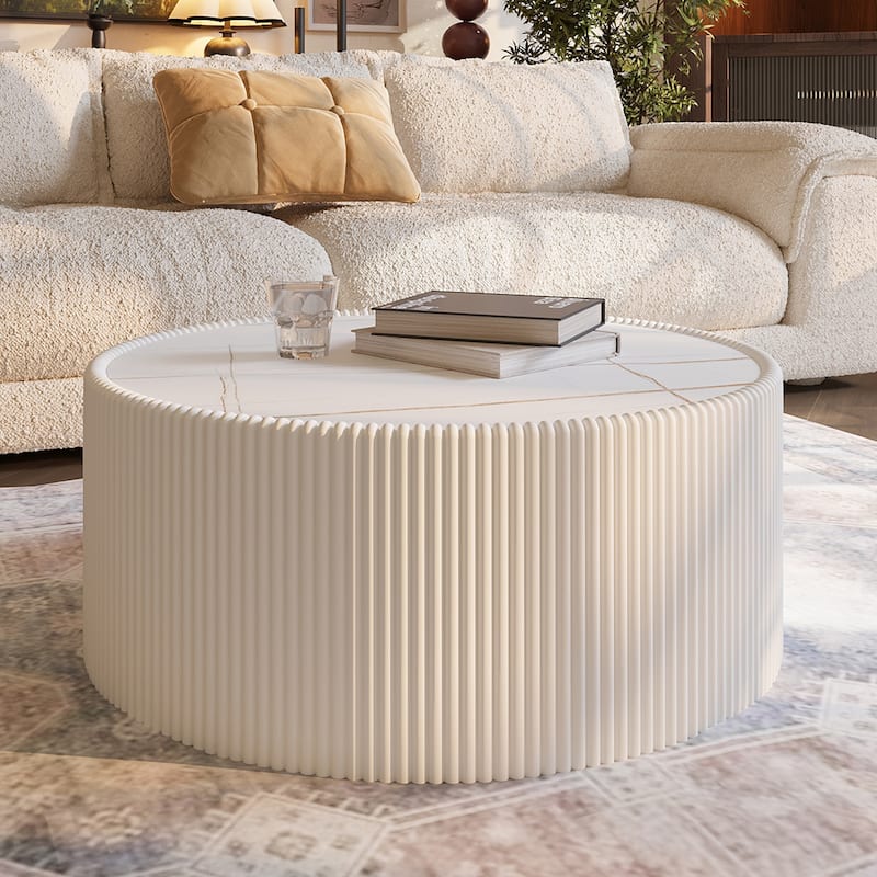 29.52" Modern Round Coffee Table with Marble Top & Leather Wrap, Living Room Table Elegant End Table Sofa Side Table