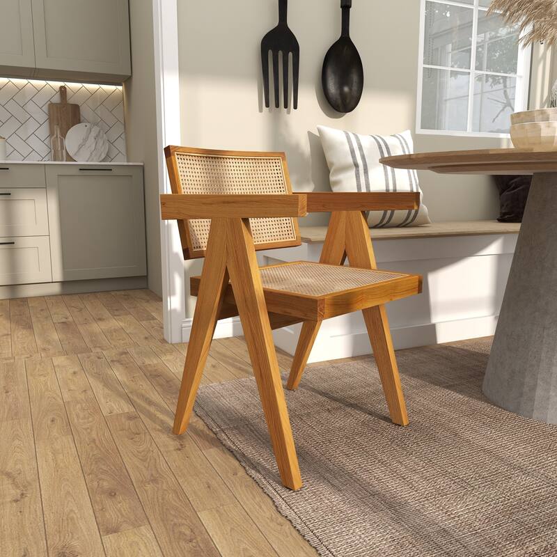 Teak Wood Living Room Accent Chair with Leather or Woven Cane Seat