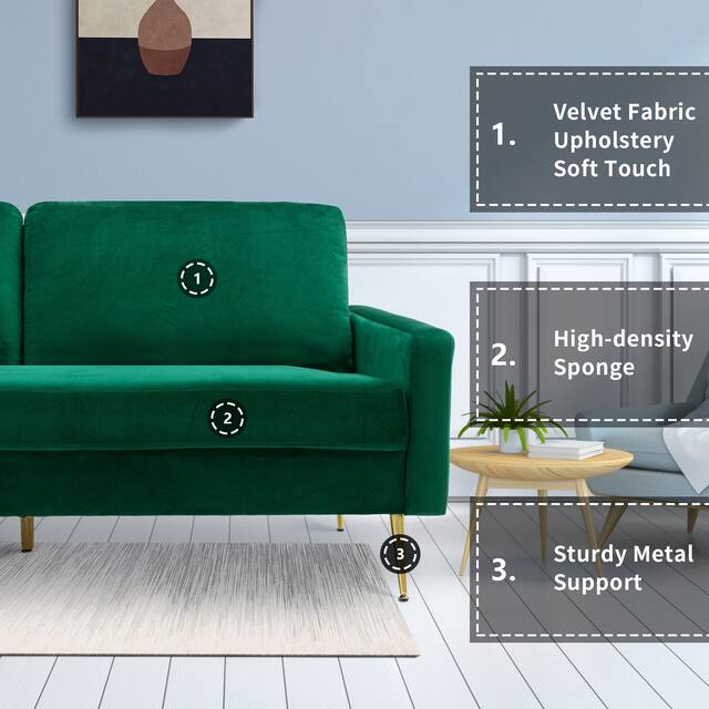Modern Loveseat Square Arms Upholstered Velvet Sofa with Pillows