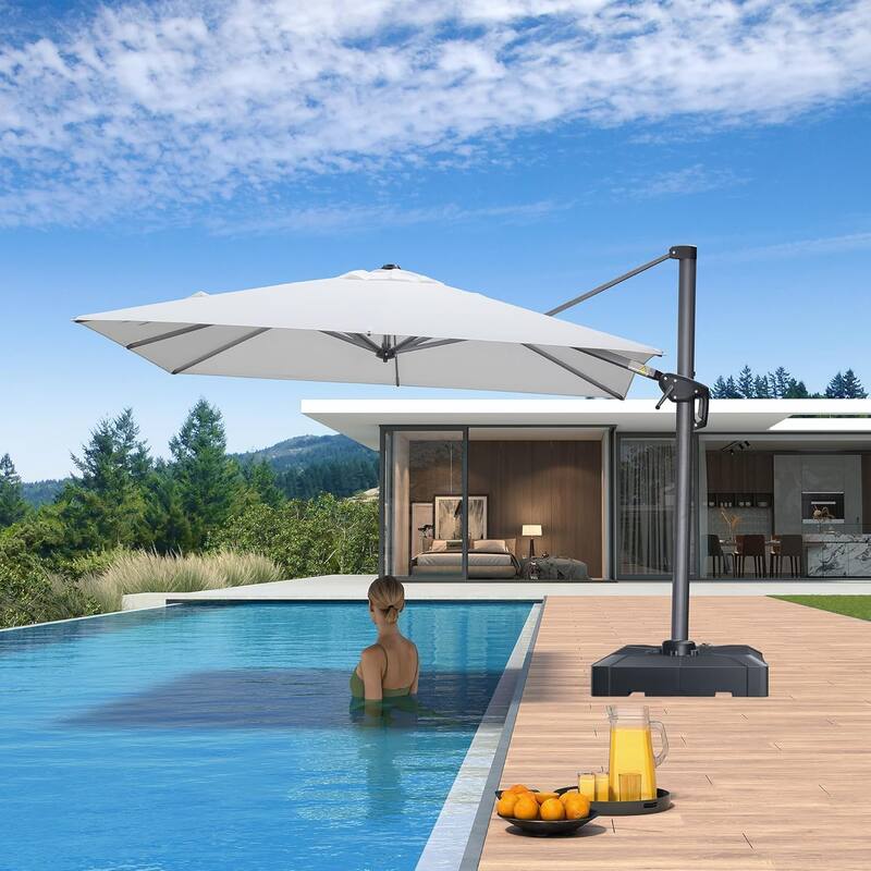 PURPLE LEAF 8ft Patio Umbrella with Base for Pool Outdoor Cantilever Umbrella Swimming Pool Umbrella with 360°Rotation - White