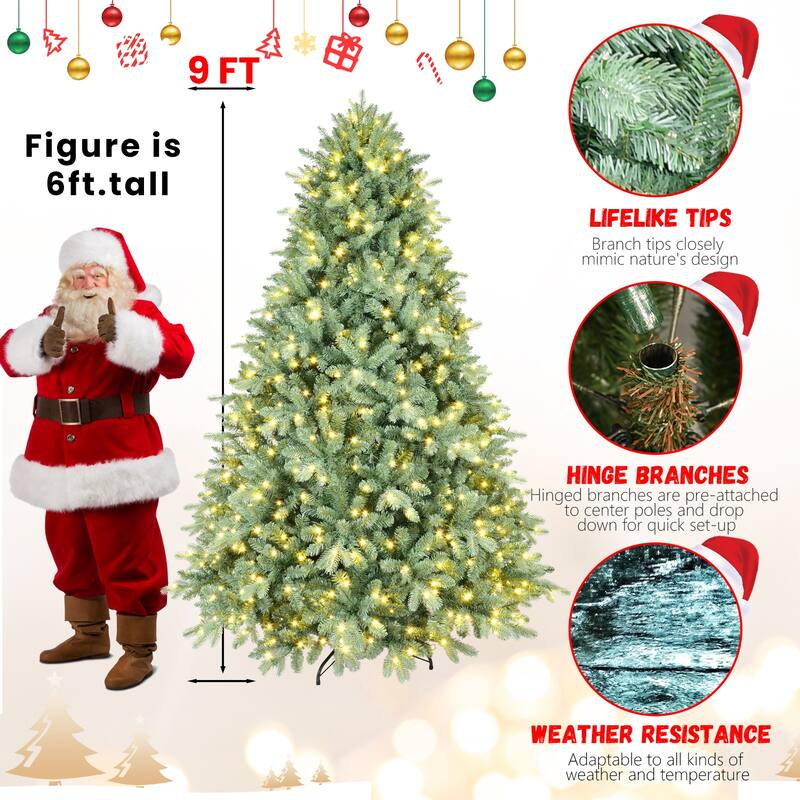 7.5FT Blue-Green Tint Pre-Lit Christmas Tree with 800 Warm White LED Lights-2908 PE+PVC Tips,Hinged Branches,Sturdy Metal Stand