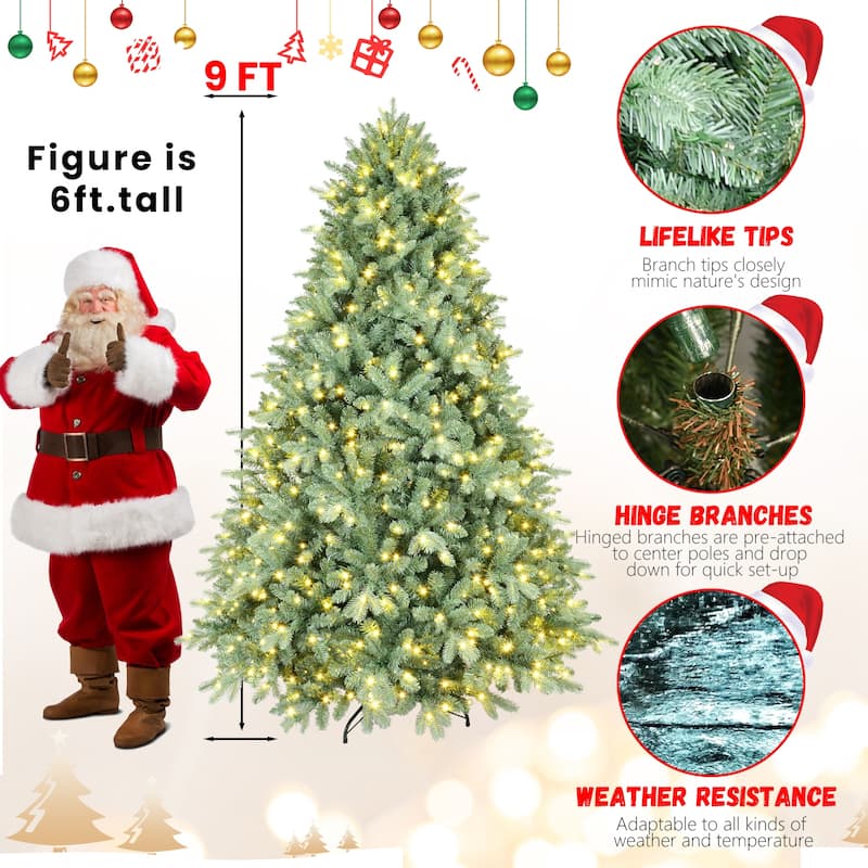 8FT Blue Pre-Lit Christmas Tree with 900 Warm White LED Lights-3308 PE+PVC Tips, Hinged Branches for Easy Setup