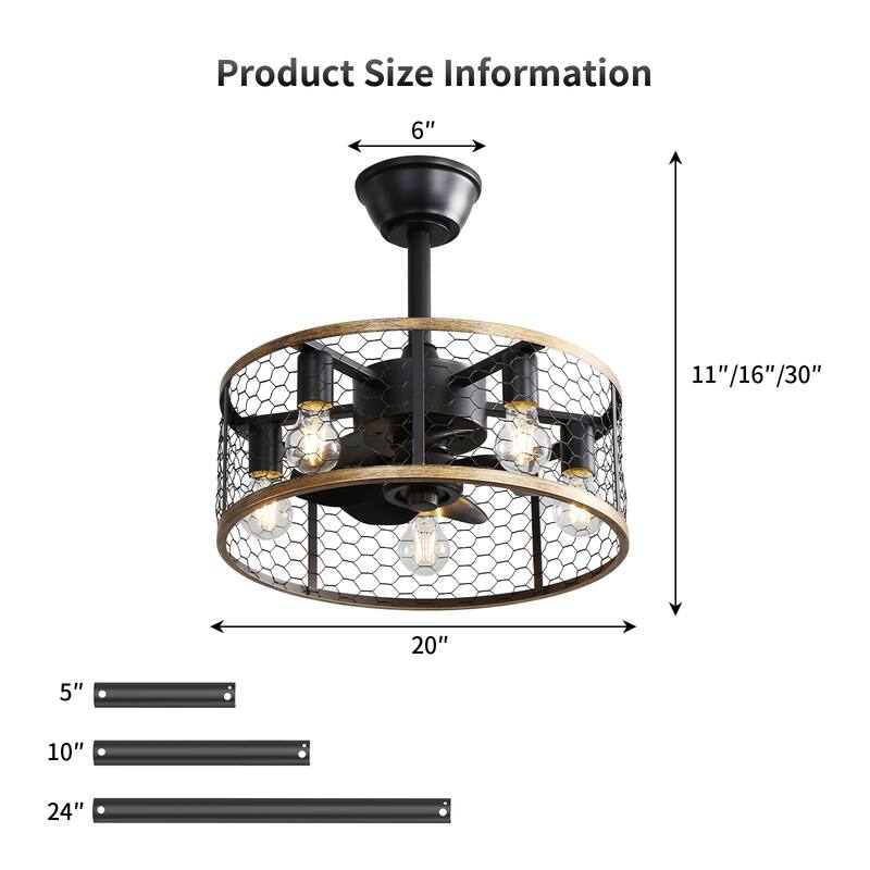 20 Inch Farmhouse Ceiling Fan Light Flush Mount Caged Lights Kit With Remote Control