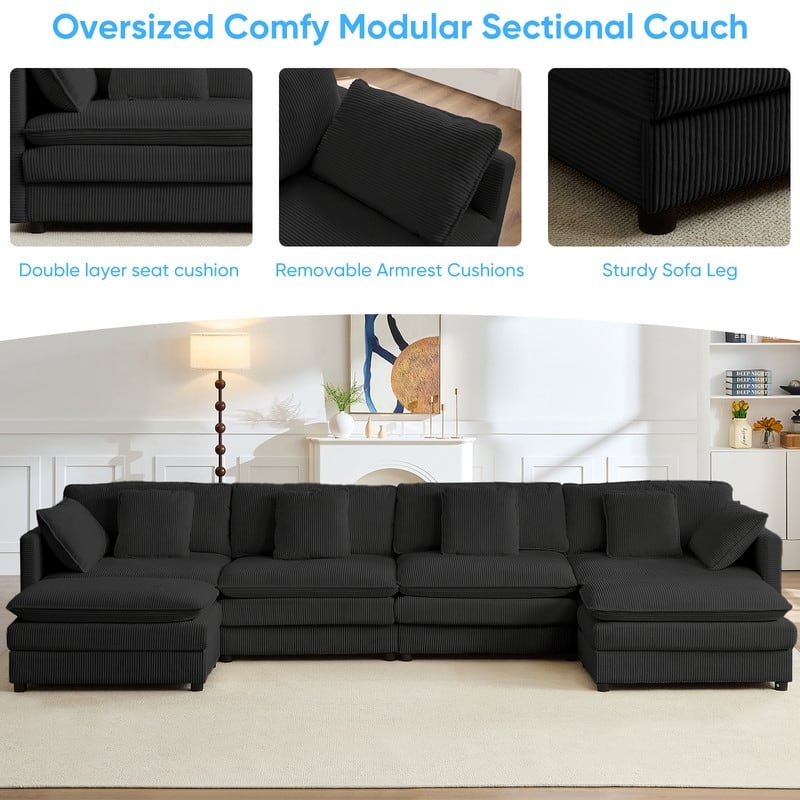 Mixoy 148''Oversized Modular Sectional Sofa, U-Shaped 6-Seater Corduroy Upholstered Deep Seat Sofa with 2 Movable Ottomans - 4+2