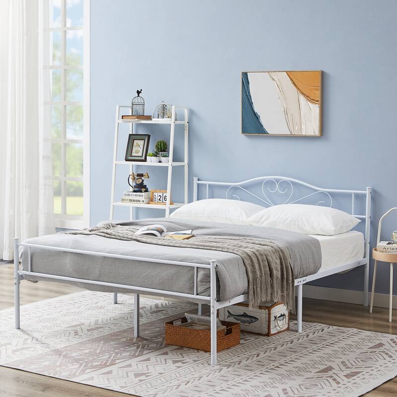 VECELO Victoria Metal Platform Bed Frames with Heart Pattern Headboard 12.6" Underbed Space No Box Spring Required