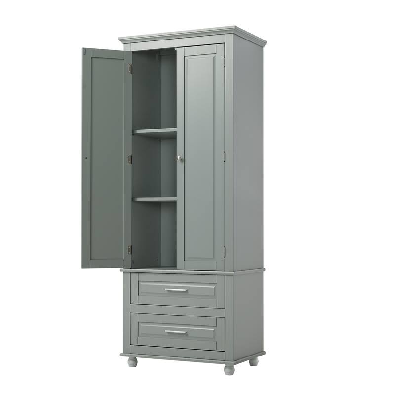 Freestanding Tall Storage Cabinet with 2 Drawers, 2 Doors, Round Legs and Adjustable Shelf for Bathroom Office Kitchen
