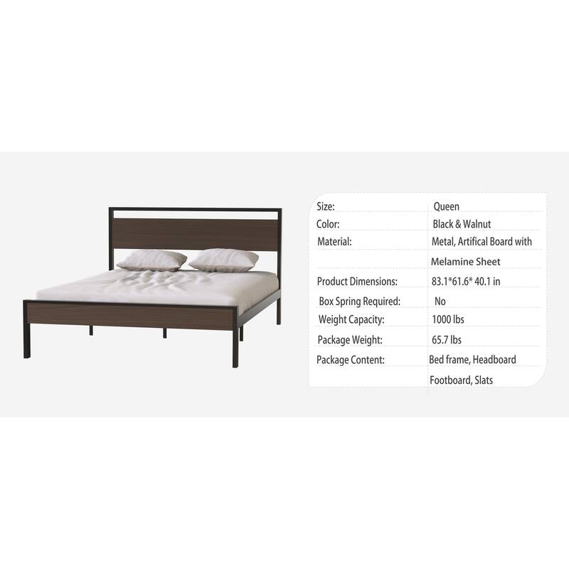 Metal Bed, Black with Walnut Wood Headboard&Footboard, Queen