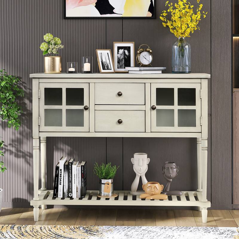 Wood Console Table with Bottom Shelf and Glass Cabinet