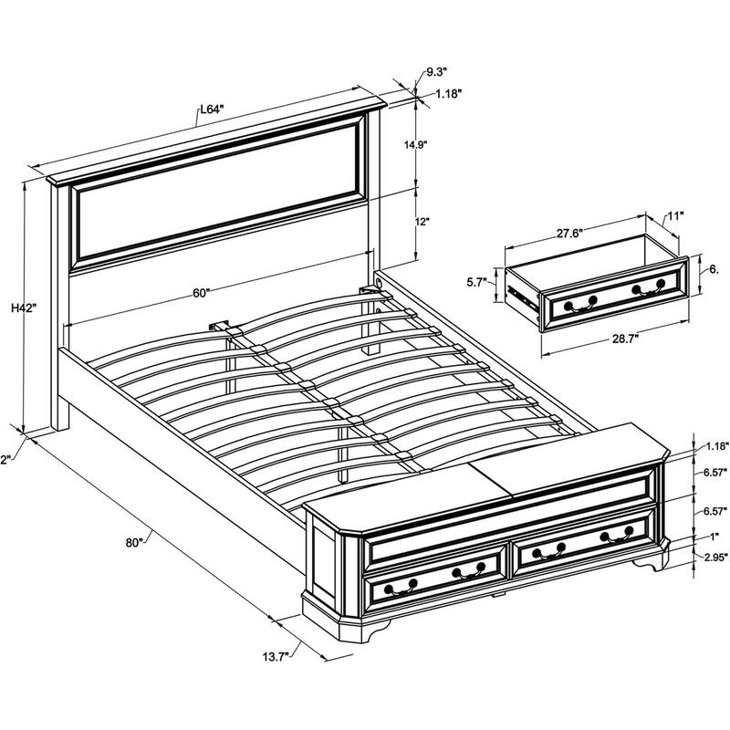 Farmhouse Bed Frame w/ Headboard & Storage Bench, Wood Platform Bed
