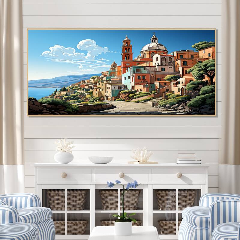Designart "Italian Village By The Coast II" Landscape Italy Green Wall Decor - Global Entryway Framed Wall Art - 60 in. wide x 28 in. high - Maple