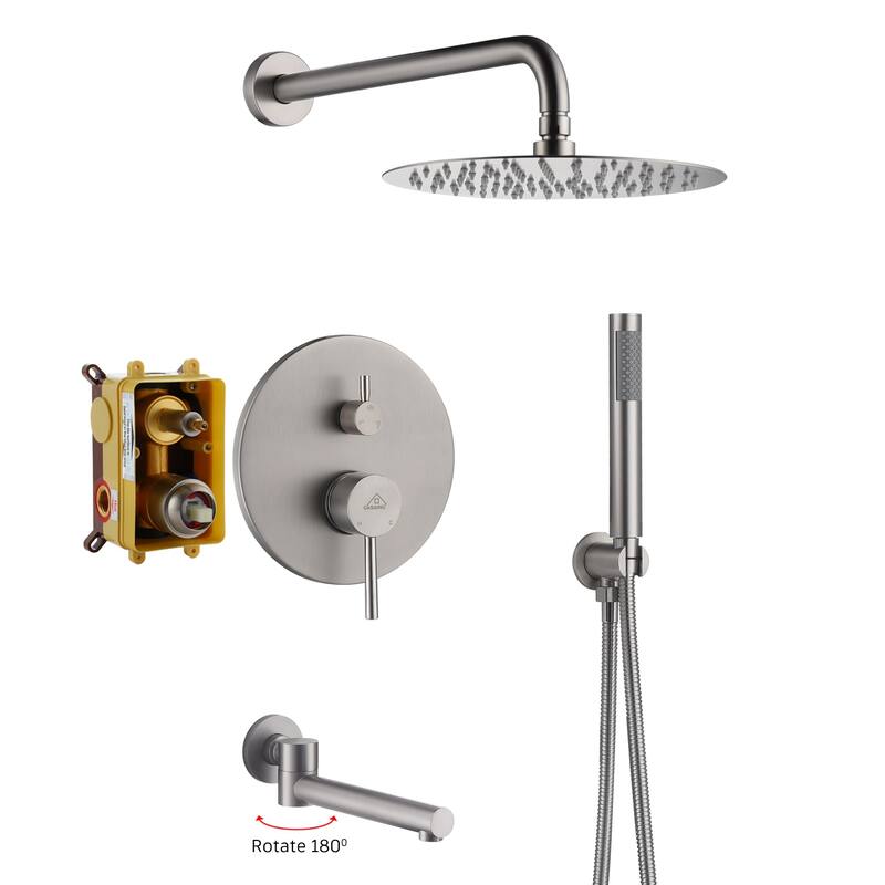 1-Spray Pattern 10-inch Round Wall Mount Shower System with Tub Faucet - Brushed Nickel