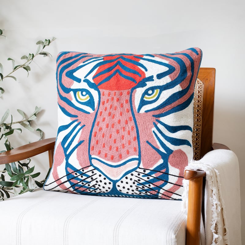 Sevita Coral Red/Ensign Blue Transitional Animal-Print Cotton Throw Pillow, 20" x 20"