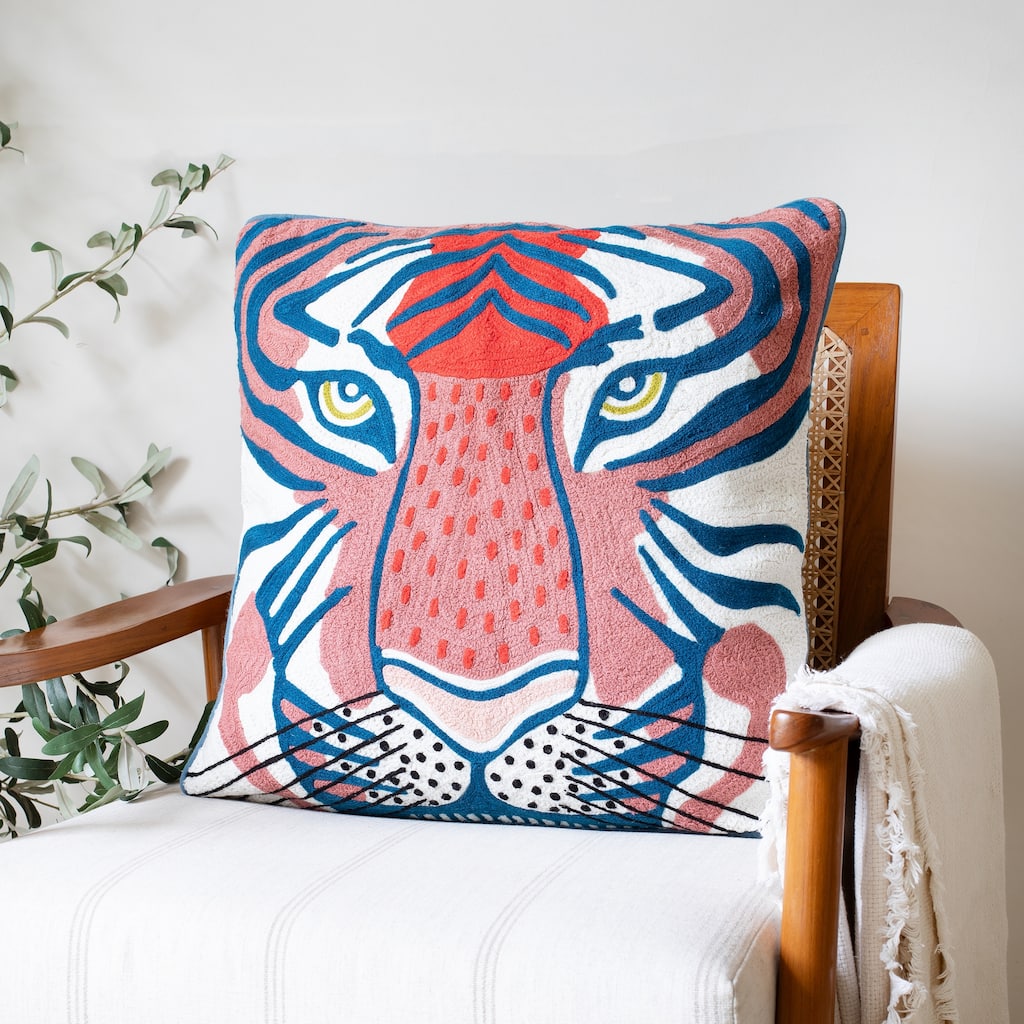 Sevita Coral Red/Ensign Blue Transitional Animal-Print Cotton Throw Pillow, 20" x 20"