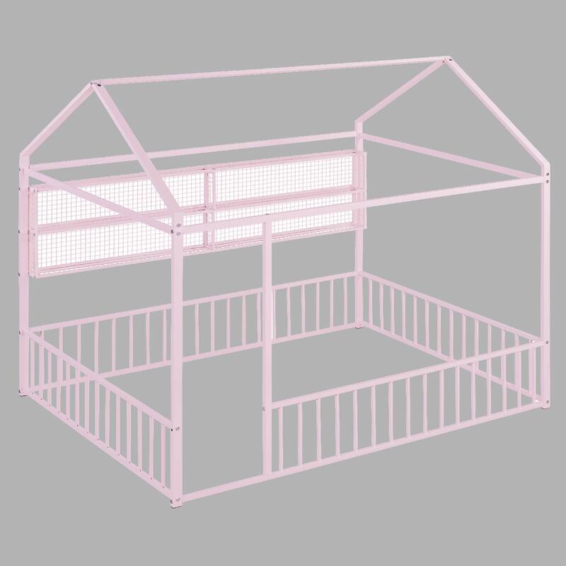 Full Metal House Bed Frame with Shelves and Fence, Unique Design for Kids - Pink - Full