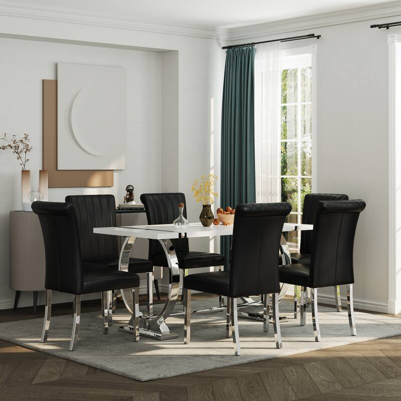 Luxury PU Leather Parsons Dining Chairs Side Chairs with Rolled Back and Stainless Steel Legs