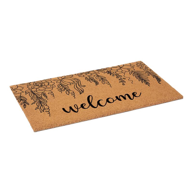 HomeRoots 24" X 36" Brown And Natural Floral Welcome Outdoor Coir Door Mat - 24.00' X '36.00