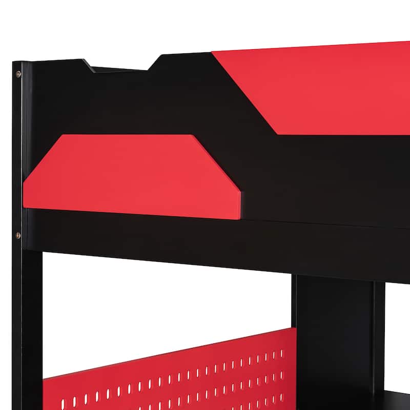 All-in-one Esports Gaming & Work Loft Bed with Adjustable Desk, LED, Charging Station, Pegboard, Storage Shelves and Wardrobe