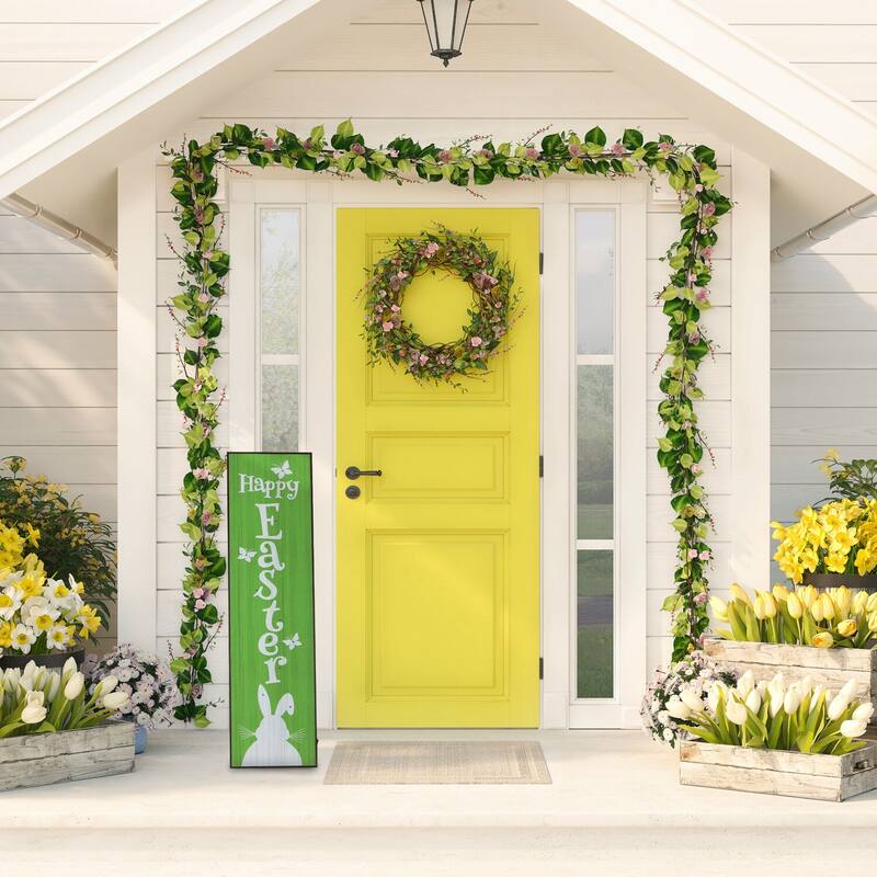Fraser Hill Farm 45-In. HAPPY EASTER Porch Leaner Sign w/Battery-Operated LED Lights, Festive Spring Decoration, Green/White