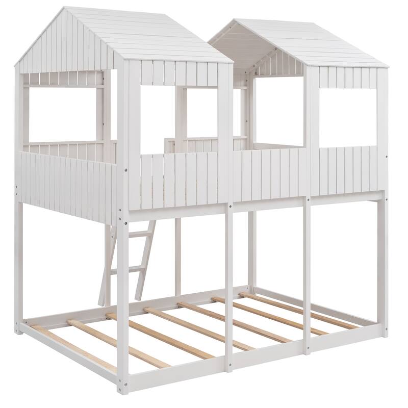 Sturdy Full Over Full Wood Bunk Bed with Playhouse Roof and Guardrails, 400lbs Capacity