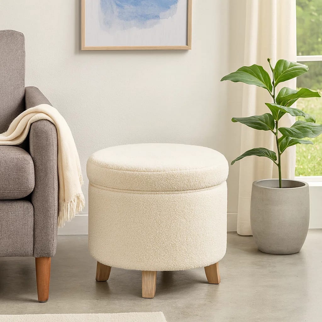Loni Round Storage Ottoman, 19 Inch Beige Faux Sheepskin, Wood Legs