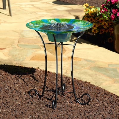 Argus Peacock Glass Solar Birdbath
