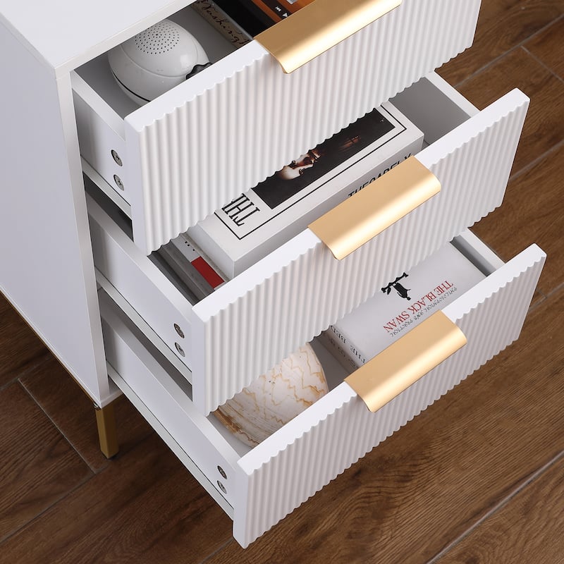 Mid-Century Modern Nightstand with 3 Wavy Drawers, Gold Metal Legs & Handles, White Bedside End Table for Bedroom or Living Room