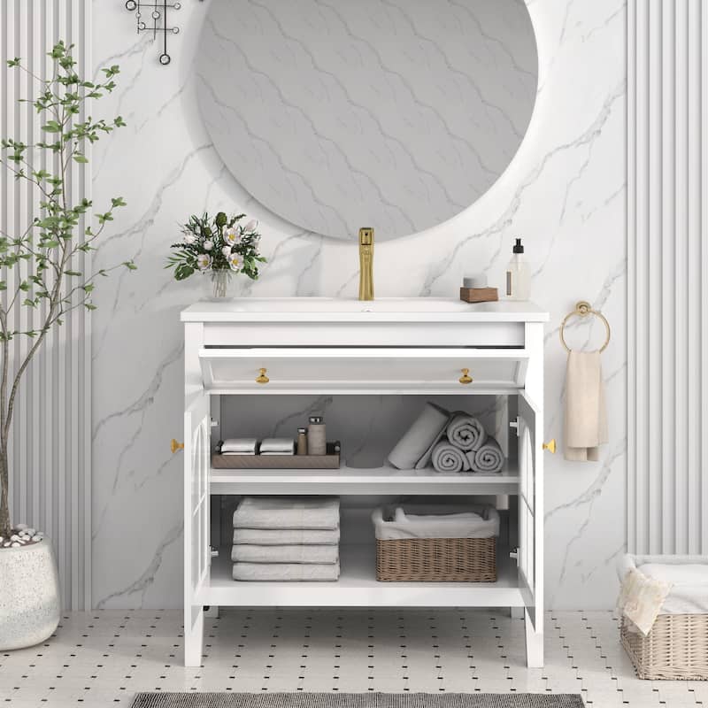 Modern Single Sink Bathroom Vanity Cabinet with Motion-sensor Light Strip & Patterned Glass, Ceramic Integrated Basin