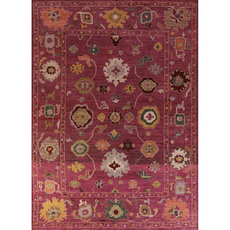 Pink Floral Oushak Turkish Area Rug Hand-Knotted Wool Carpet - 9'0" x 11'10"